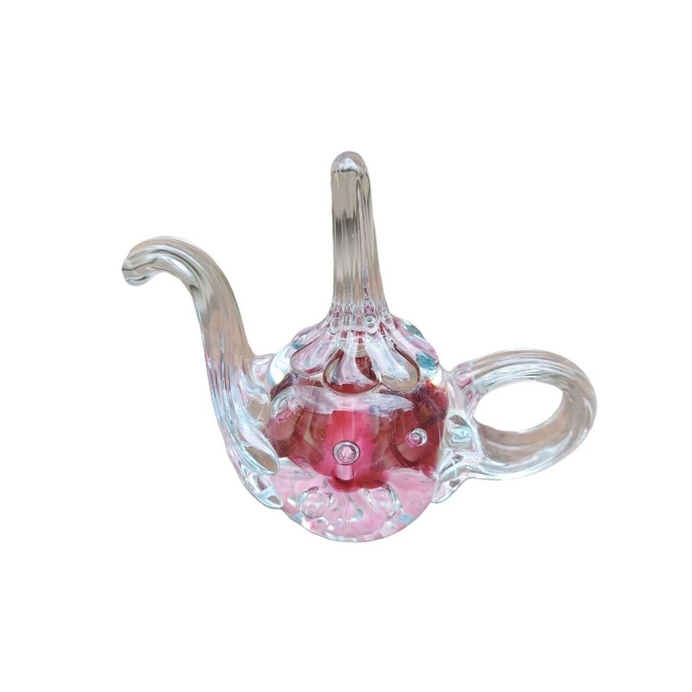 Joe Rice Teapot Shaped Glass Ring Holder Cranberry & Pink 2005